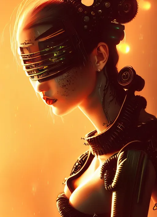 Image similar to soft seductive ebony geisha raver gutter punk gothic cyborg, golden ratio, details, scifi, fantasy, cyberpunk city, intricate, decadent, highly detailed, octane render, digital painting, artstation, concept art, sharp focus, illustration, art by artgerm, loish, wlop