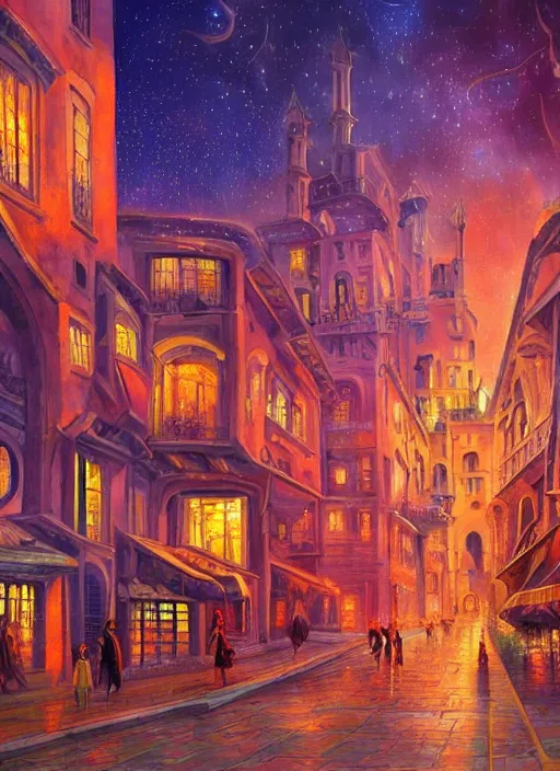 Image similar to ethereal starlit city of magic lost in time at sunset, italian futurism, art station, da vinci, hd, digital painting