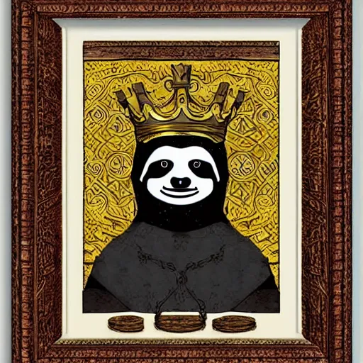 Image similar to sloth as the king of cups, coper crown, poster framed, intricate details, medieval art style, high contrast, posterized