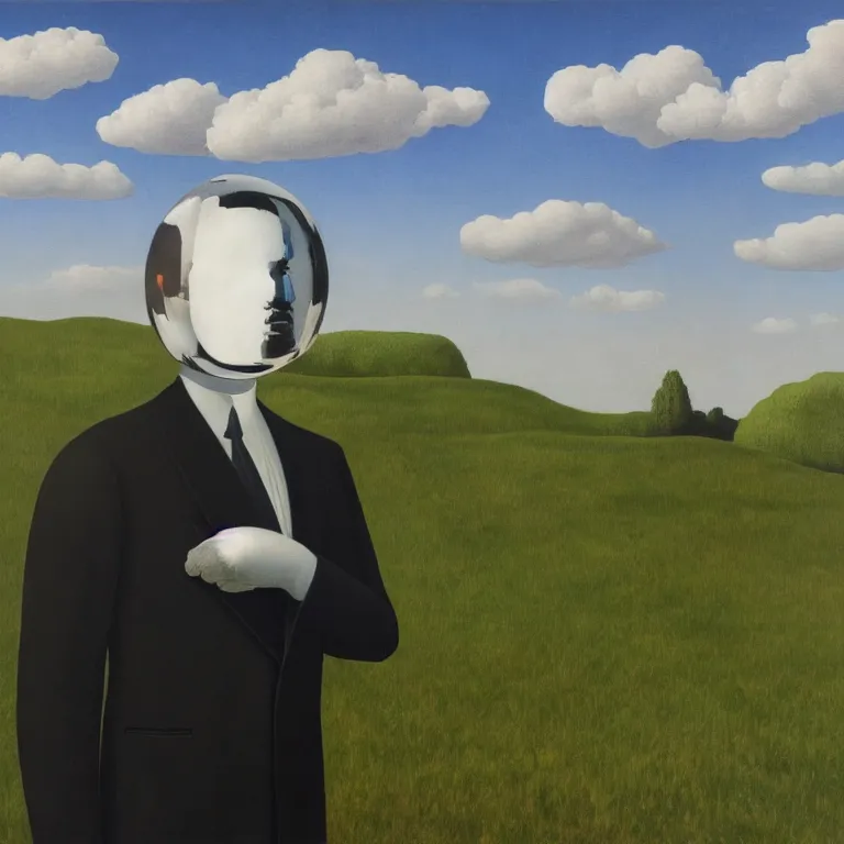 Image similar to portrait of a faceless reflective chrome - head man in a suit and black gloves, clouds and nature landscape in the background, by rene magritte, detailed painting, distance, centered, hd, hq, high resolution, high detail, 4 k, 8 k