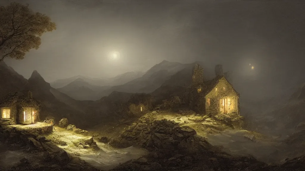 Image similar to A singular rotting cottage on a mountaintop at night, horror painting, by Hubert Robert, hyperrealistic, Blender 8k UHD