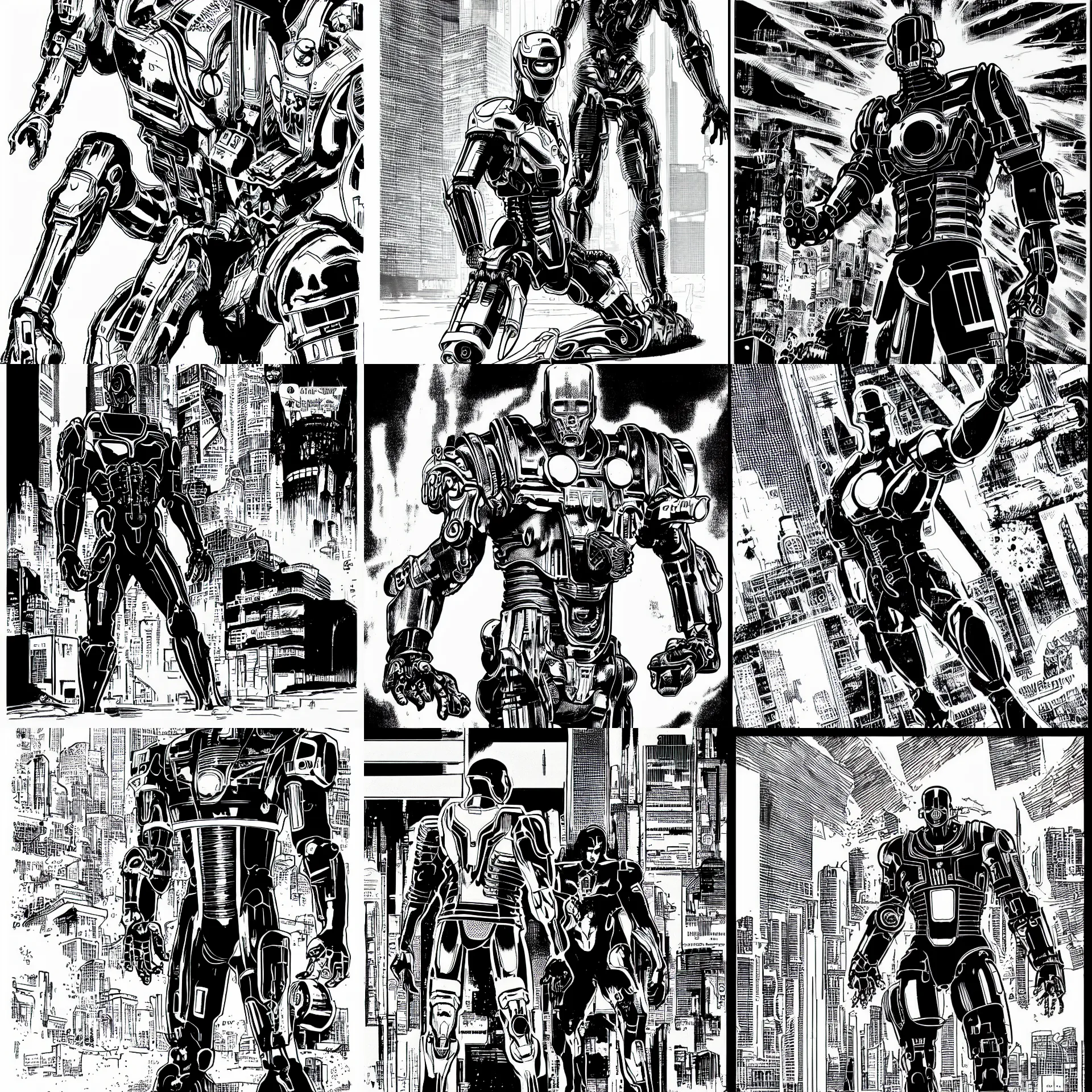 Prompt: ultron standing neutrally, a page from cyberpunk 2 0 2 0, style of paolo parente, style of mike jackson, 1 9 9 0 s comic book style, plain background, ink drawing, black and white