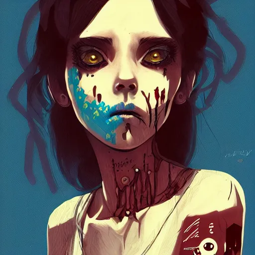 Image similar to Highly detailed portrait of a punk zombie young lady by Atey Ghailan, by Loish, by Bryan Lee O'Malley, by Cliff Chiang, ((dark blue moody background))