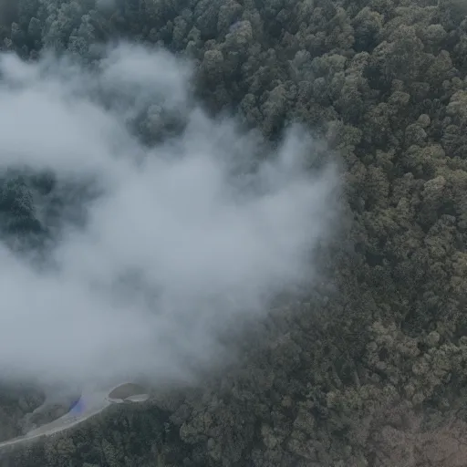 Prompt: realistic drone shot of the mountain with some fog