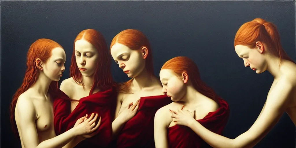 Image similar to the three fates, pain, pleasure, suffering, adventure, love, abstract oil painting by gottfried helnwein