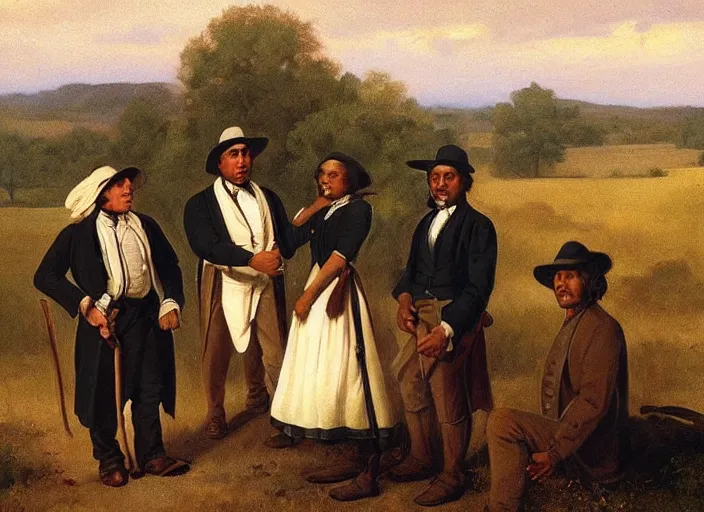 Prompt: white and black people are friends in the old south, art by george caleb bingham and thomas anshutz