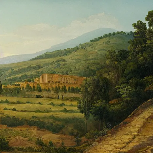 Image similar to a very detailed painting of a hill, ancient rome stands behind it in the distance, thick brush strokes, visible layers of paint.