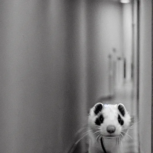 Prompt: a ferret in a hospital gown walking through a hallway from one room to the next dragging an IV on wheels behind it