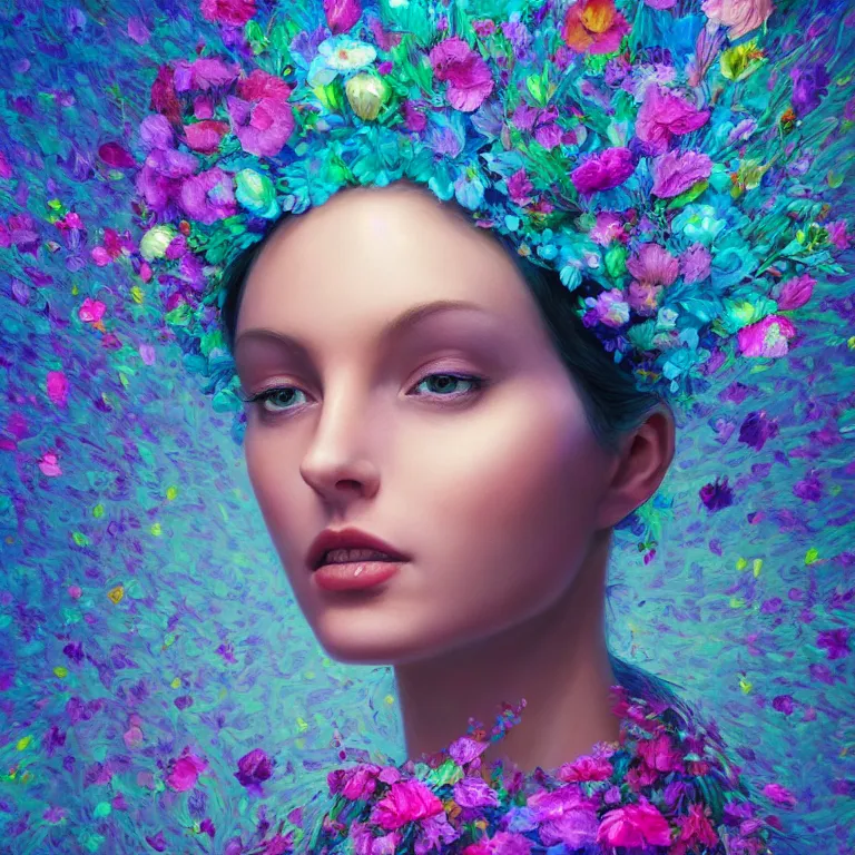 Image similar to a beautiful oil painting hyperrealism of a beautiful woman's head, flowers, floral headdress, 8 k resolution, octane render, trending on artstation, by gediminas pranckevicius, volumetric light 2 blue fractal thunder glow by dan mumford, anaglyph effect, laurie lipton