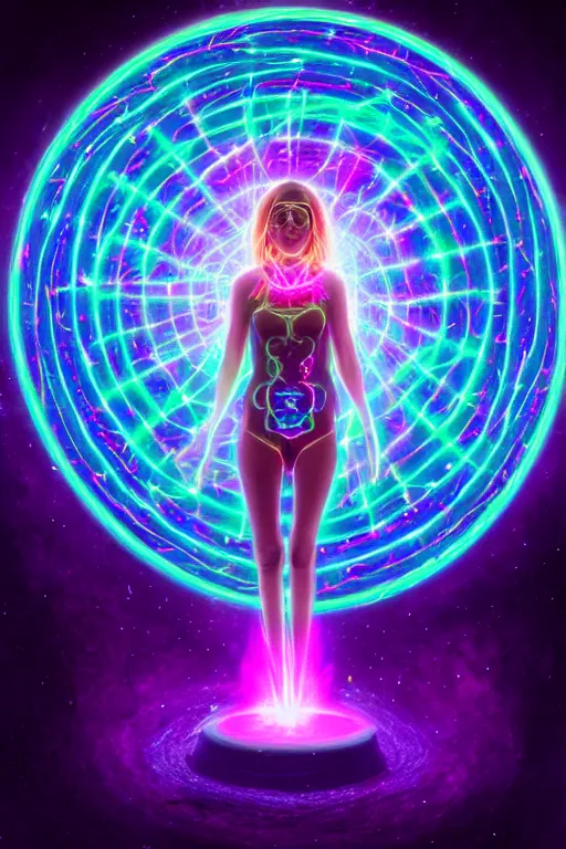 Image similar to full body female neopunk wizard opening a portal to the sidereal multiverse, intricate galaxy inlay, plasma neon glow, consciousness projection, astral projection, wide angle, super highly detailed, professional digital painting, artstation, concept art, smooth, sharp focus, no blur, no dof, extreme illustration, Unreal Engine 5, Photorealism, HD quality, 8k resolution, cinema 4d, 3D, beautiful, cinematic, art by artgerm and greg rutkowski and alphonse mucha and loish and WLOP