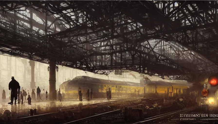 Image similar to Dieselpunk railway station, steam, epic composition, diesel trains, intricate, elegant, volumetric lighting, digital painting, highly detailed, artstation, sharp focus, illustration, concept art, ruan jia, steve mccurry