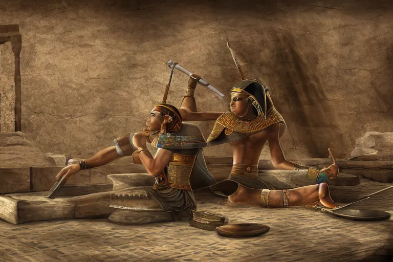 Image similar to ancient egyptian gaming setup, 4 k, hd, concept art