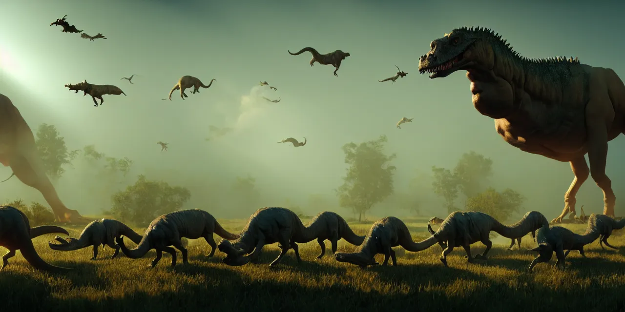 Image similar to old man herding a herd of small dinosaurs in an alternate prehistoric past, steam punk, very high details, volumetric fog, raytracing, back light, raymarching, by ilm, by digital domain, by weta digital