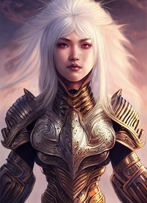 Image similar to warrior, intricate ornate opal heavy armor!!! beautiful and athletic white hair female!! gorgeous face and eyes!! character concept art, sharp focus, octane render! unreal engine 5! highly rendered!! trending on artstation!! detailed linework!! illustration by artgerm, wlop, and chie yoshii