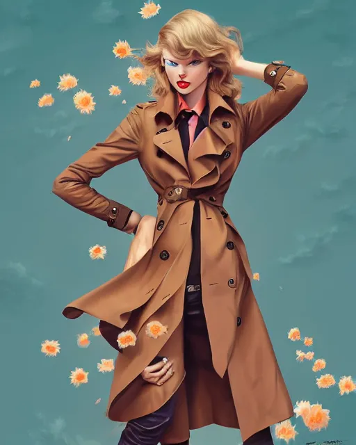 Prompt: taylor swift wearing fashionable trench coat, auburn flower storm, jesper ejsing, artgerm, petros afshar, tom whalen