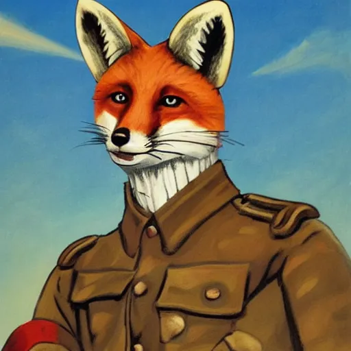 Image similar to 8k UHD, painting in the style of WW1 propaganda, trending on artstation: (subject = anthropomorphic fox soldier resting in a trench + subject detail = fox head, anthropomorphic, high detail, high texture detail)