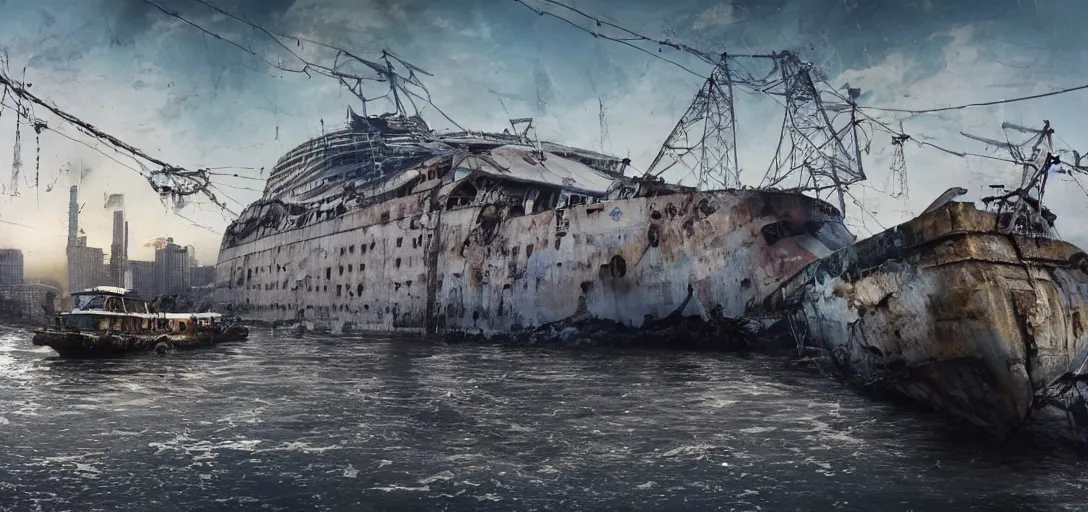 Image similar to an abandoned cruise ship in the River Thames, post-apocalyptic future, cables, wires, upcycled, cyberpunk, cinematic shot, hyper realistic, hyper detailed