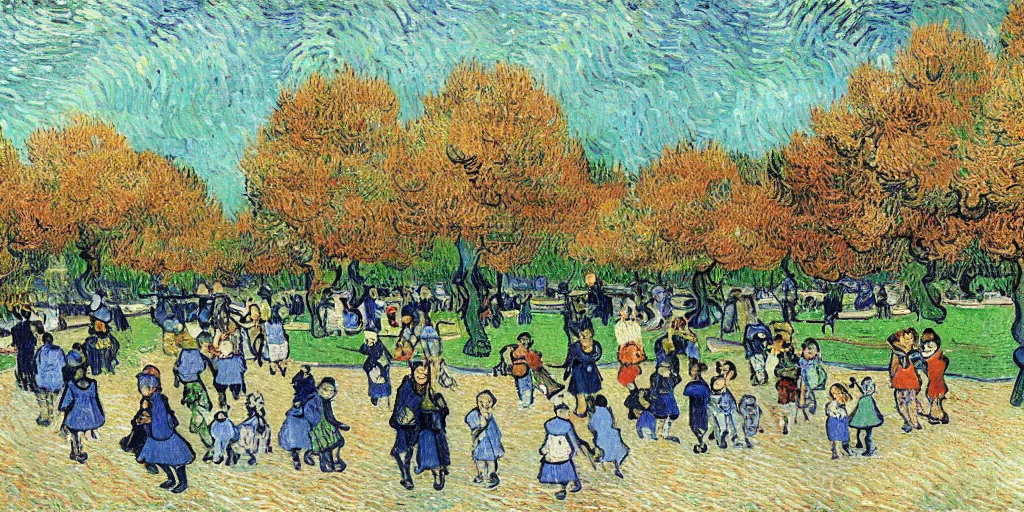 Image similar to highly detailed beautiful happy park, with childrens, by Van Gogh