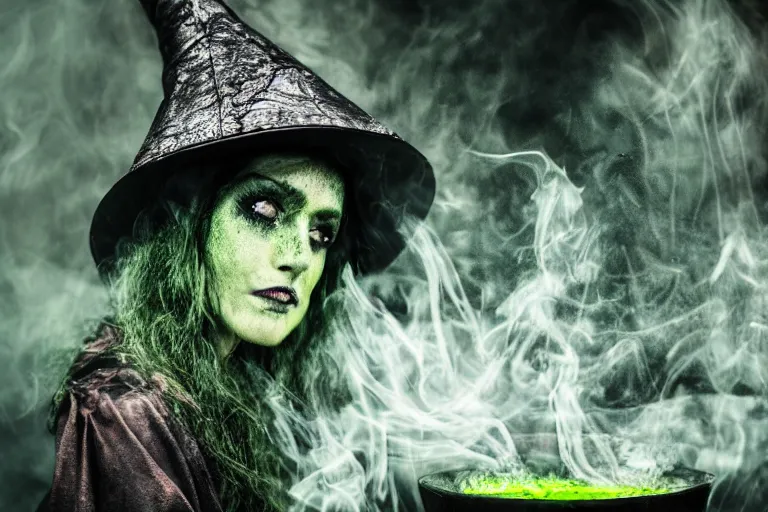 Prompt: close shot of a witch in her lair brewing a magical potion, depressing, gloomy, tired, detailed, witch hat, dungeon, green smoke, fire, smoke, realism, realistic, hyper detailed, green lighting, ambient lighting, green smoke, fog, smoke, cinematic lighting, haze, bokeh, 3D render, Blender, octane render, render, artstation, detailed face, symmetric face,