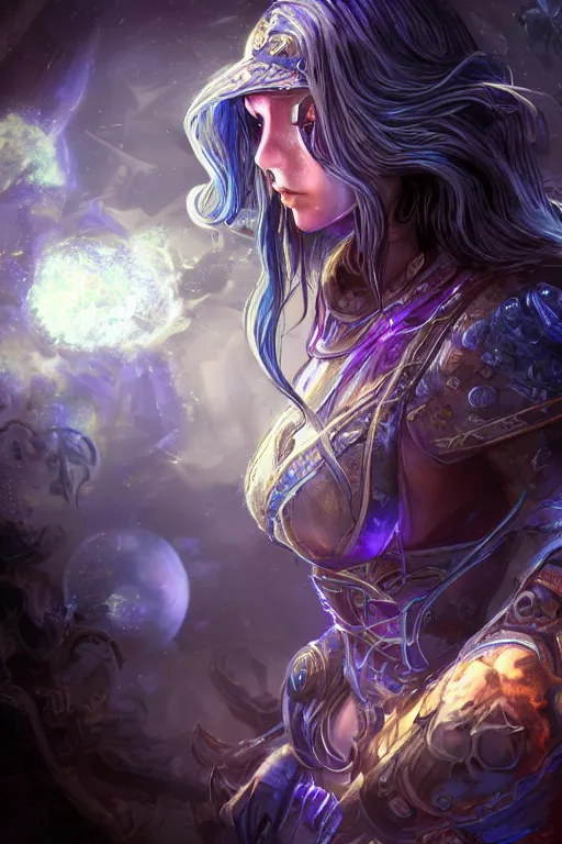 Prompt: Path of Exile, Maven, clear face, blue eyes, female image with silver purple hair among colourful lights, dark blue spheres fly around, Anachronism, painting, dark fantasy, steampunk, 4k