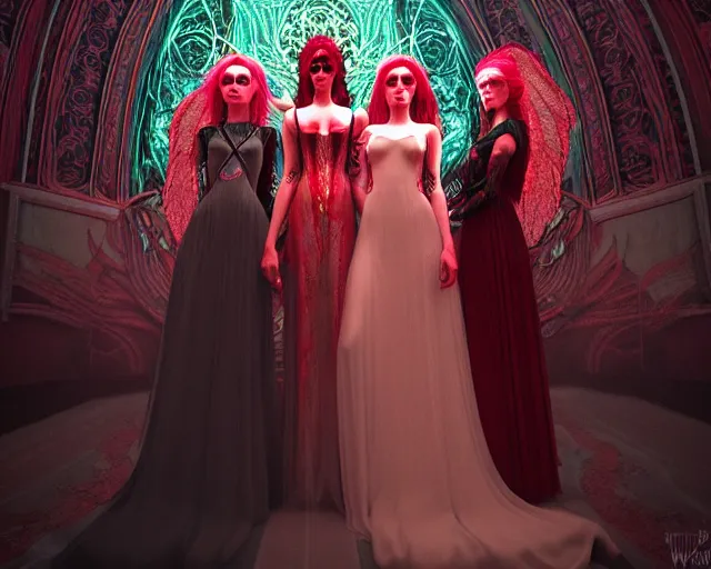 Prompt: three stunning otherworldly gothic goddesses with beautiful angelic faces, wearing psychedelic wicca, in wedding dresses, red neon roses, full body, dark and mysterious, atmospheric, ominous, eerie, cinematic light, epic, 8 k 3 d, ultra detail, ultra realistic, by giger, by wlop, by mucha