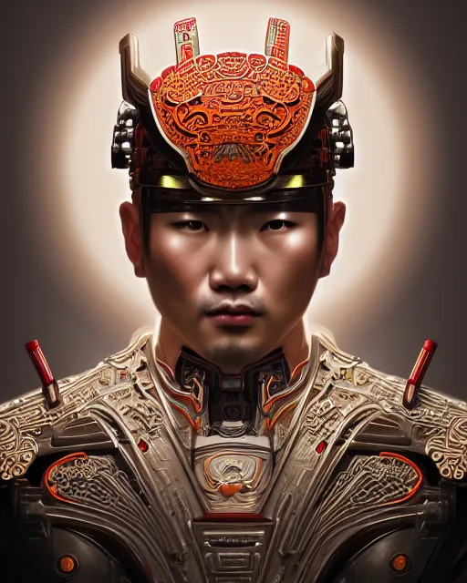 Image similar to portrait of a chinese masculine male cyberpunk machine, machine face, upper half portrait, decorated with chinese opera motifs, muscular, asian, fine china, wuxia, traditional chinese art, intricate, elegant, highly detailed symmetry headpiece digital painting artstation concept art smooth sharp focus illustration, art by artgerm and greg rutkowski alphonse mucha 8 k