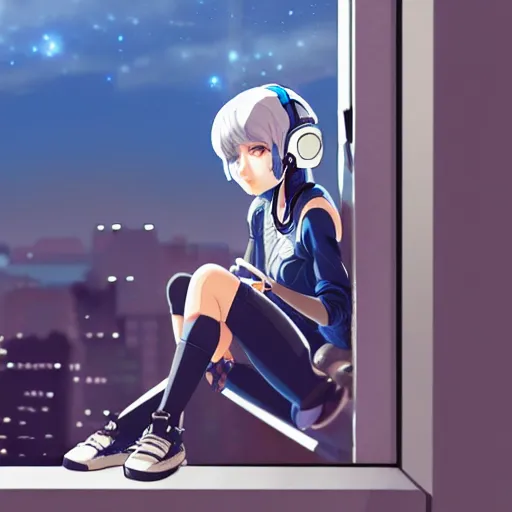 Image similar to cyborg - girl with silver hair, wearing headphones, and sitting on a window sill, highly detailed, painting, dark blue and black color palette, intricate, high quality anime artstyle, in the style of makoto shinkai