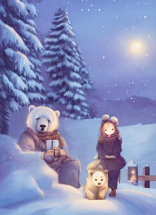 Image similar to character portrait of a female anthro polar bear fursona and a cute beautiful attractive detailed furry face wearing stylish cute winter clothes in a cozy winter cabin at dusk by firelight. hidari, color page, tankoban, 4K, tone mapping, Akihiko Yoshida.