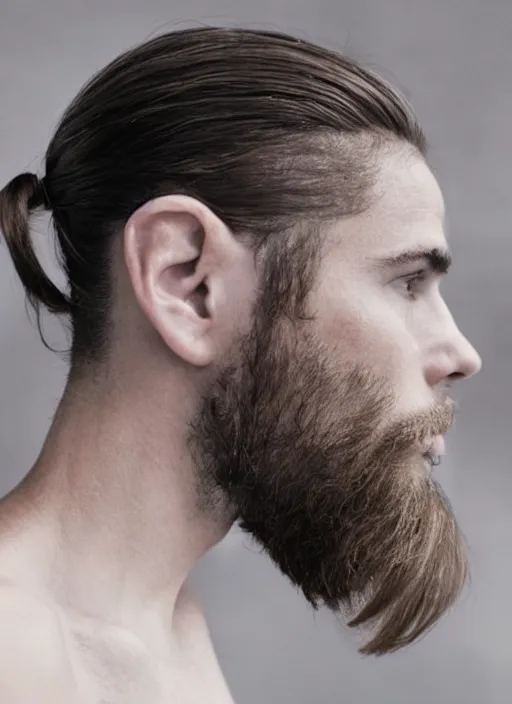 Prompt: a skinny young white male with a dark brown man bun for hair, no facial hair