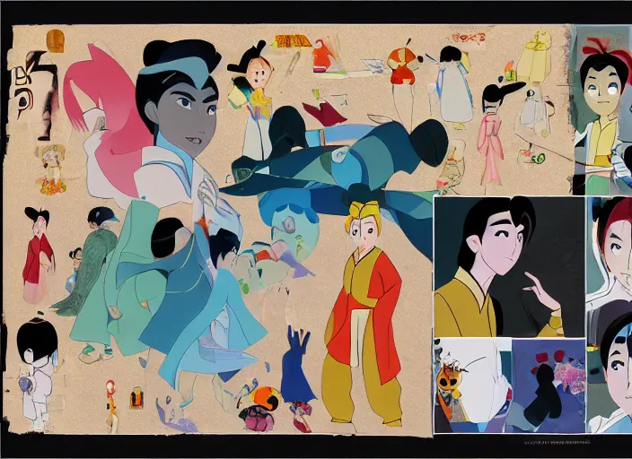 Image similar to experimental character exploration mixed media collage reference sheet layout from masaaki yuasa's mulan ( 1 9 9 7 )