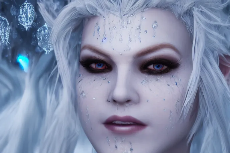 Image similar to Photorealistic render of Malevolent Ice Queen with round ice crystals on forehead in the style of Artstation, 4k Unreal Engine, reflective