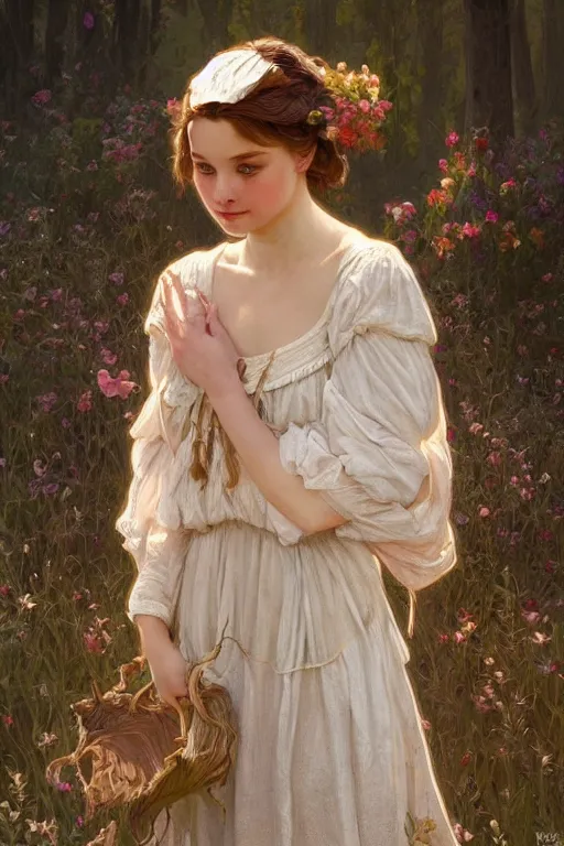 Image similar to beautiful cottagecore young peasant maiden, intricate, elegant, highly detailed, digital painting, artstation, concept art, smooth, sharp focus, illustration, art by artgerm and greg rutkowski and alphonse mucha