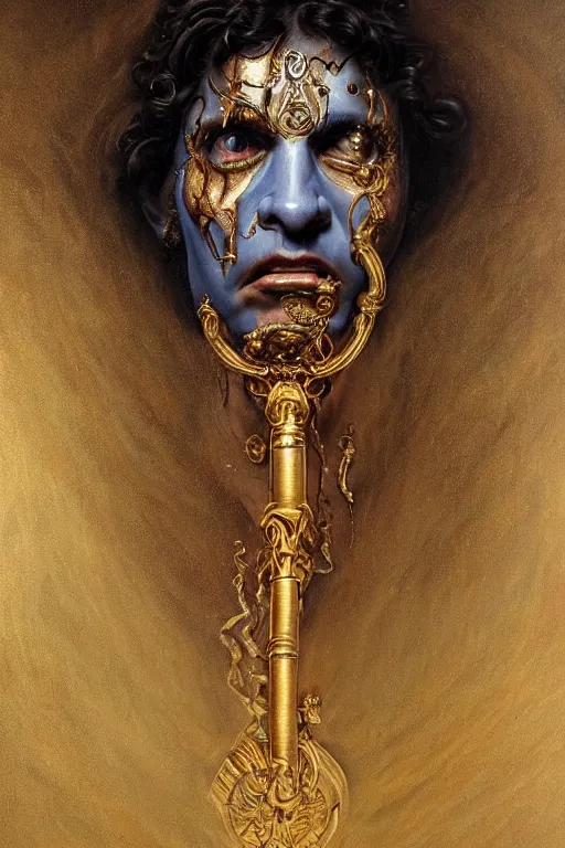 Prompt: hyper realistic painting portrait of hades, occult diagram, elaborate details, detailed face, intrincate ornaments, gold decoration, occult art, oil painting, art noveau, in the style of roberto ferri, gustav moreau, david kassan, bussiere, saturno butto, boris vallejo