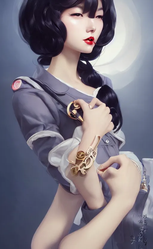 Image similar to a pin up and beautiful fashion charming dreamlke korea girl with lv jewelry, character art, art by artgerm lau and kyoung hwan kim and and ilya kuvshinov and john singer sargent, hyperdetailed, 8 k realistic, symmetrical, frostbite 3 engine, cryengine, dof, trending on artstation, digital art