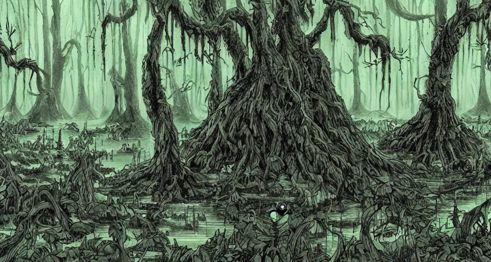 Prompt: A dense and dark enchanted forest with a swamp, from Berserk