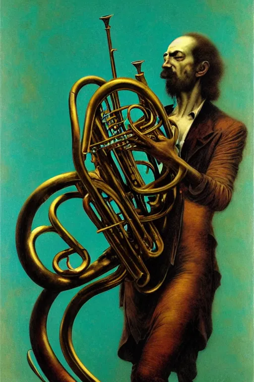 Prompt: tuba player, turquoise background in the style of wayne barlowe, gustav moreau, goward, bussiere, roberto ferri, santiago caruso, luis ricardo falero, austin osman spare