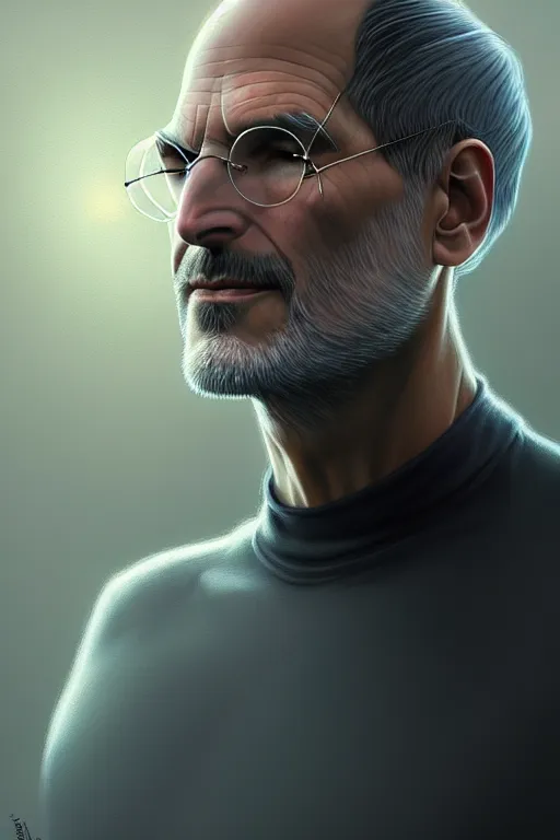 Image similar to ultra realistic illustration, steve jobs, sci - fi, fantasy, intricate, elegant, highly detailed, digital painting, artstation, concept art, smooth, sharp focus, illustration, art by artgerm and greg rutkowski and alphonse mucha