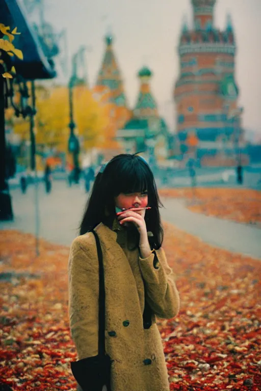 Image similar to a lomographic photo of moscow, autumn, cinestill, bokeh