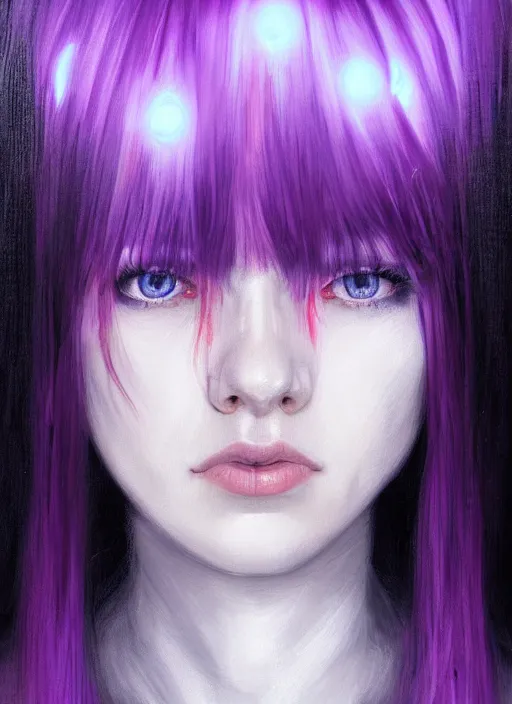 Prompt: portrait of teenage girl with white bangs, red irises, bangs, black and white hair, purple clothes, white bangs, two color hair, black hair and white bangs, intricate, elegant, glowing lights, highly detailed, digital painting, artstation, concept art, smooth, sharp focus, illustration, art by wlop, mars ravelo and greg rutkowski