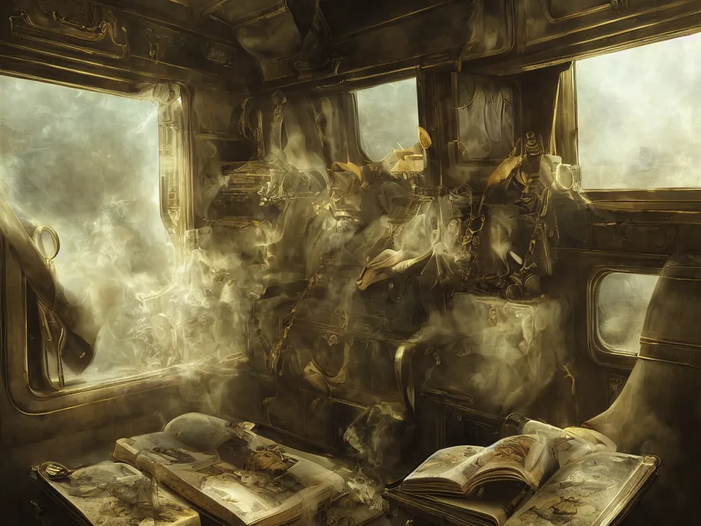 Prompt: detailed painting of a magical book laying open on the seat of a train car by Pieter Claesz and Krenz Cushart, fantasy, dramatic light
