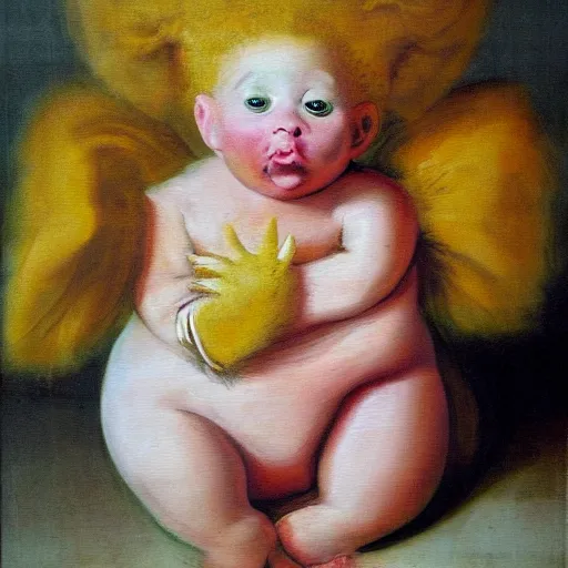 Prompt: impasto painting of a glowing kewpie doll that looks like Big Bird, painted in the style of Watteau with sad minion eyes