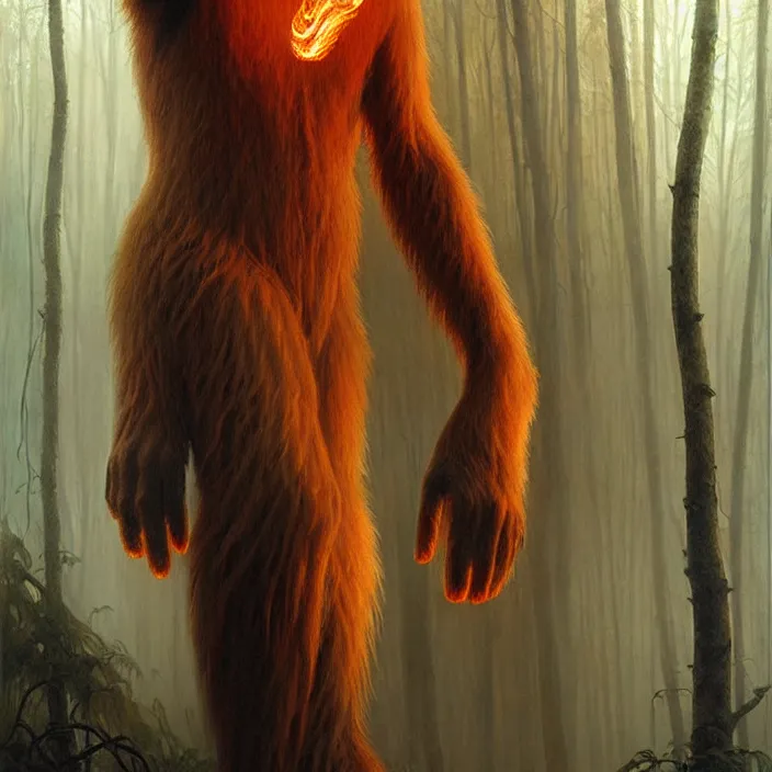 Prompt: translucent Bigfoot with flaming eyes, veiled in mist, diffuse lighting, fantasy, intricate, elegant, highly detailed, lifelike, photorealistic, digital painting, artstation, illustration, concept art, smooth, sharp focus, art by John Collier and Albert Aublet and Krenz Cushart and Artem Demura and Alphonse Mucha