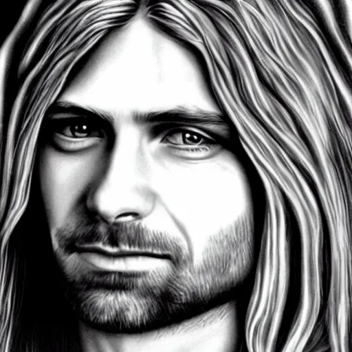 Image similar to Kurt Cobain as Jesus Christ, hyperrealism, detailed portrait