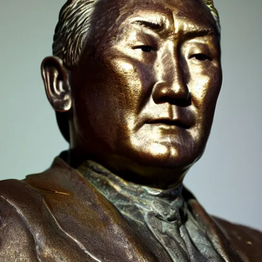 Image similar to close up shot of an old bronze patina statue of takeshi kitano in a museum