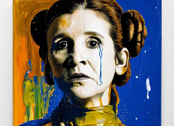 Prompt: portrait of princess leia, by vincent lefevre and hernan bas and pat steir and hilma af klint, psychological, photorealistic, dripping paint, washy brush, rendered in octane, altermodern, masterpiece