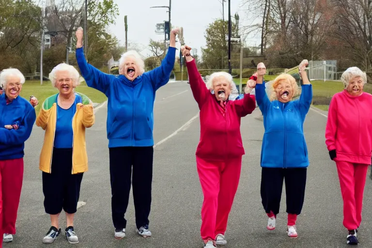 Prompt: a gang of old ladies waving hammers and wearing track suits laughing maniacally and screaming