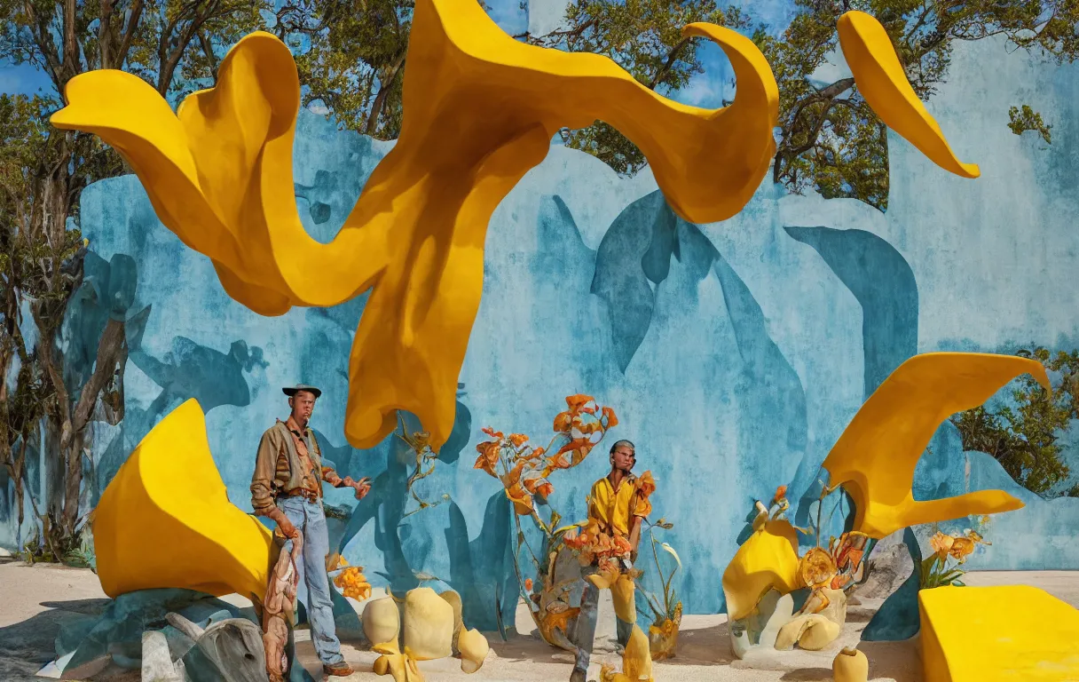 Image similar to a cowboy turning into blooms by slim aarons, by zhang kechun, by lynda benglis. tropical sea slugs, brutalist angular sharp tractor tires. complementary colors. warm soft volumetric dramatic light. national geographic. 8 k, rendered in octane, smooth gradients. sculpture by antonio canova. yellow teal accents.
