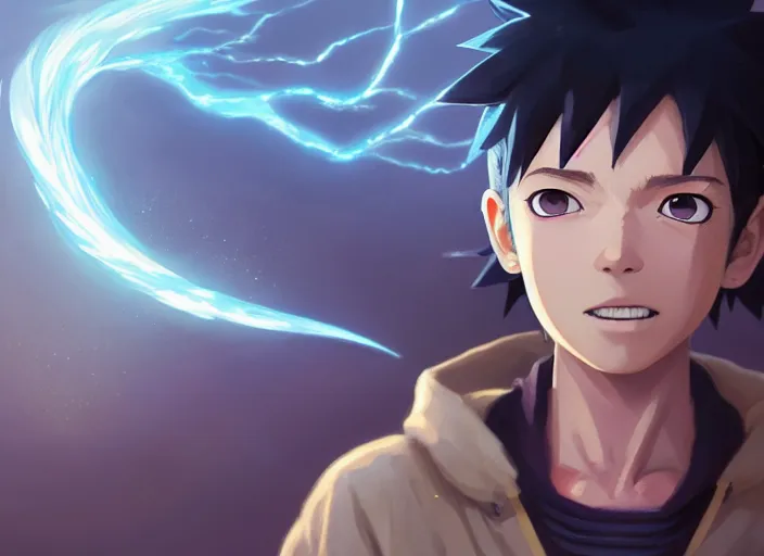 Image similar to highly detailed portrait of a boy with thunder powers, in naruto, stephen bliss, 8 k, unreal engine, fantasy art by greg rutkowski, loish, rhads, ferdinand knab, makoto shinkai and lois van baarle, ilya kuvshinov, rossdraws, tom bagshaw, global illumination, radiant light, detailed and intricate environment