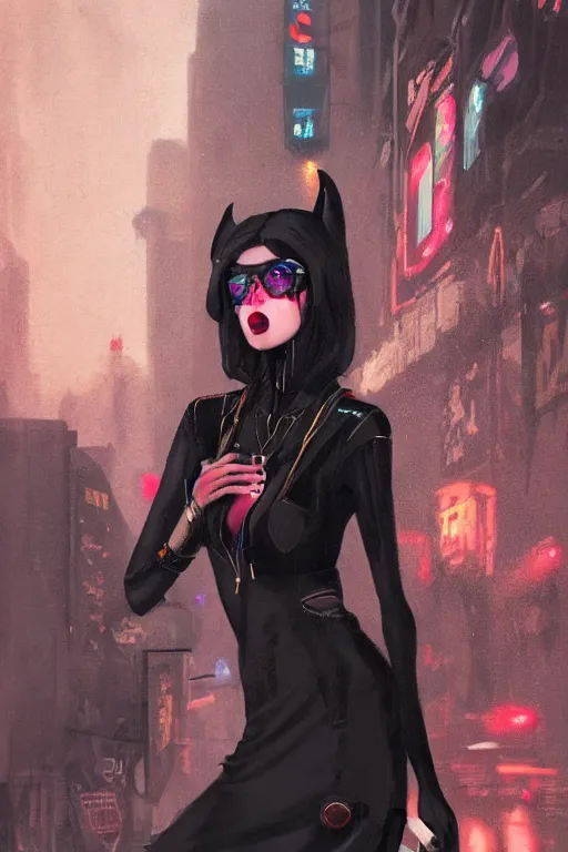 Image similar to beautiful portrait of a tall female anthro anubis smoking a cigarette in a bustling crowd of a rainy city street, goth punk clothes, cyberpunk, harsh neon lights, highly detailed, sharp focus, digital painting, illustration, trending on artstation, art by sakimichan, wlop, greg rutkowski