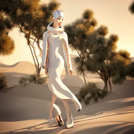 Prompt: innovative avant-garde art, deco fashion, japanese women, white theme, highly detailed, photorealistic portrait, serene desert setting, golden hour, crisp quality and light reflections, unreal engine 5 quality render